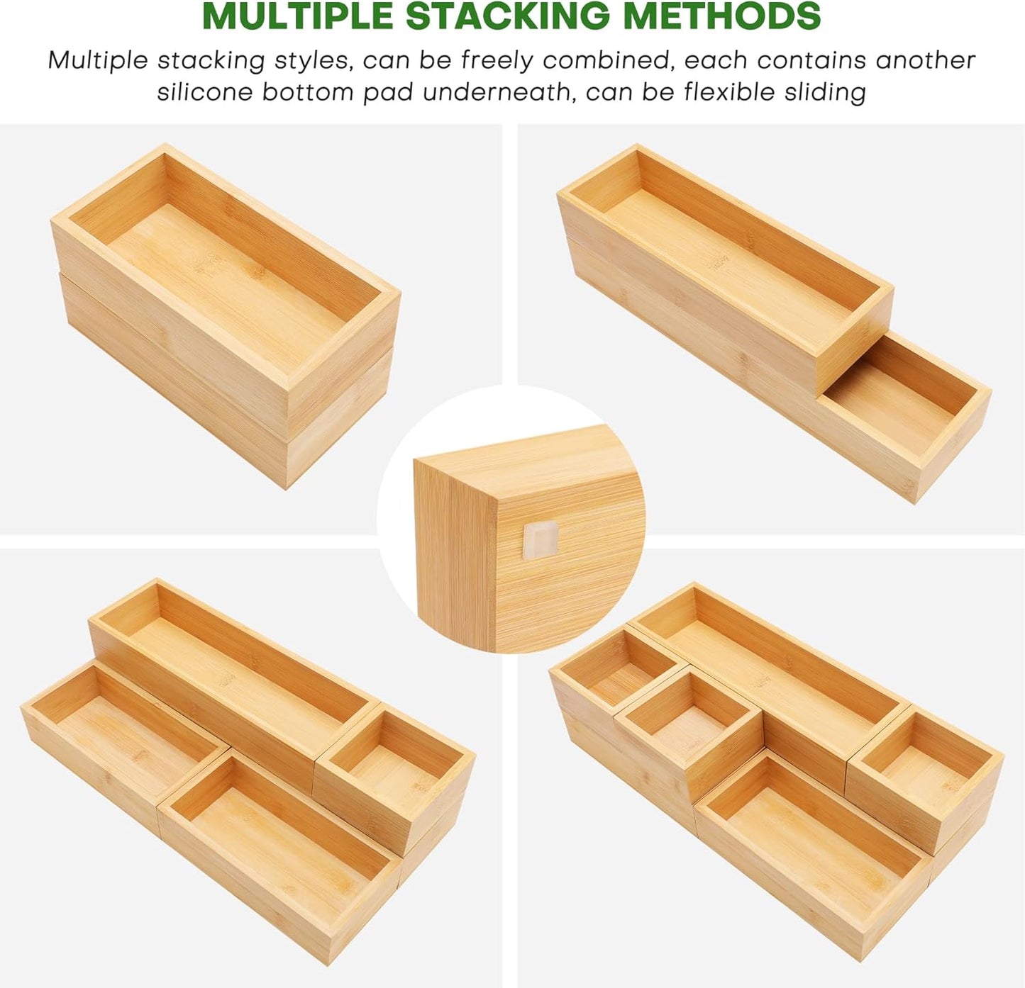 Bamboo Drawer Organizer Set, 9 PCS Multi-Use Individual Wood Storage Organizers, Junk Drawer