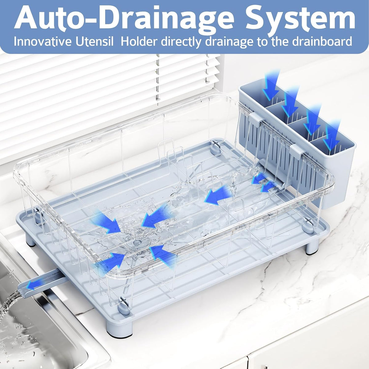 Blue Dish Drying Rack, Dish Rack,Space-Saving Dish Racks for Kitchen Counter with Utensil