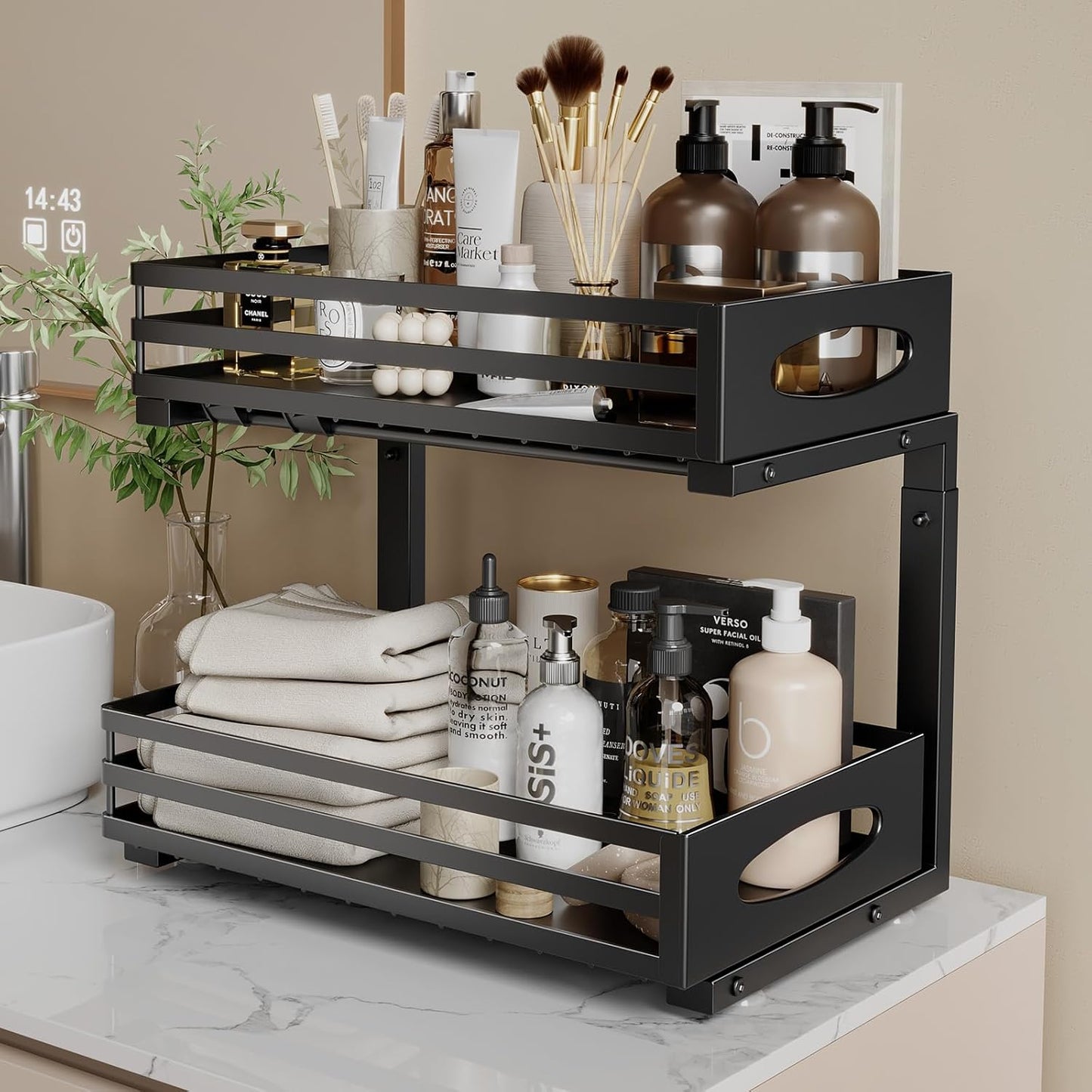 Under Sink Organizer, 2 Tier Under Sink Organizers and Storage, Adjustable Height, Slide out Metal