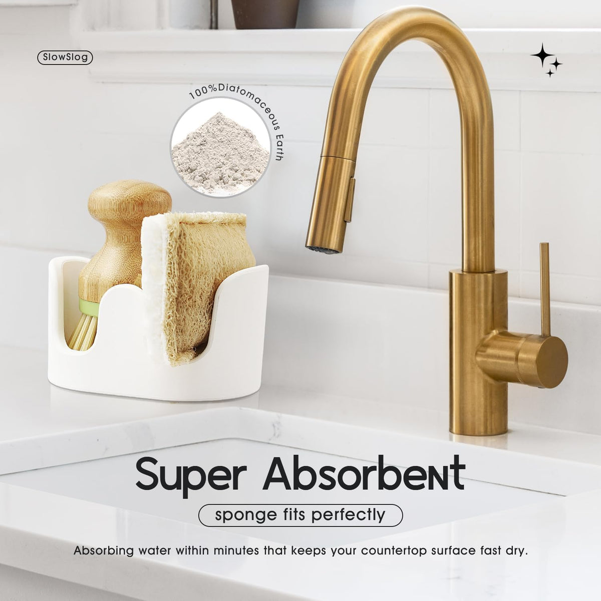 2 Pack Double Sponge Holder, Diatomite Stone Absorbent Sponge Stand for Kitchen Sink - Quick Dry