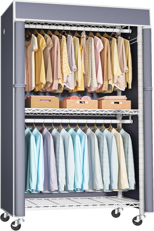 FUTASSI White Clothing Rack with Grey Cover, P1C Rolling Closet Rack with Wheels, Metal Garment
