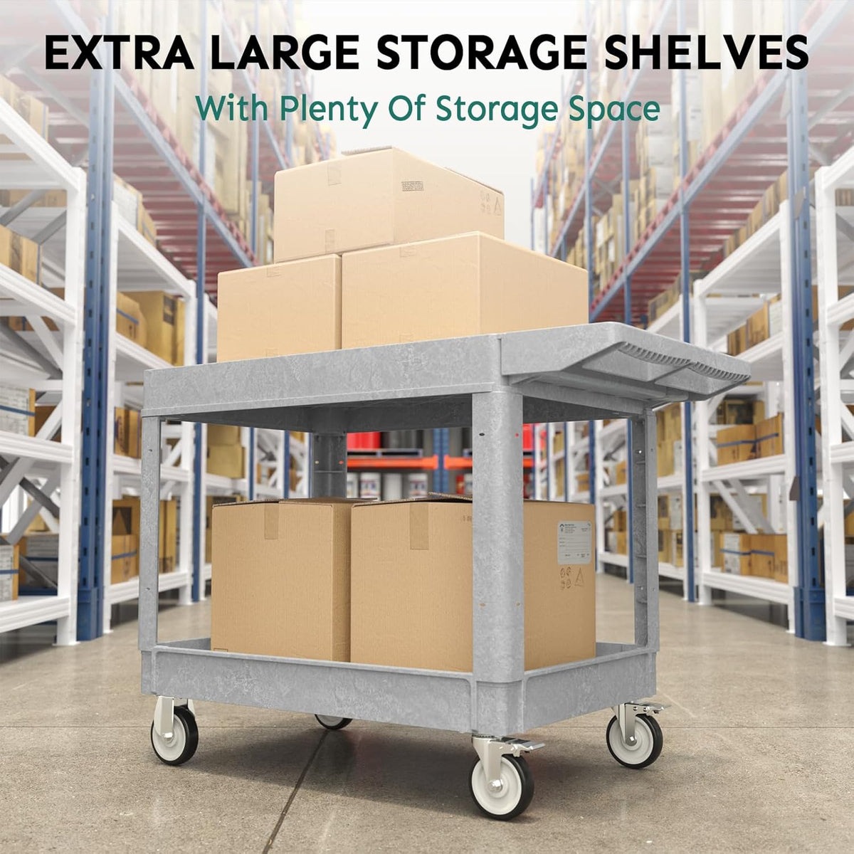 Utility Cart on Wheels, Heavy Duty Large Flat Top Rolling Service Cart, 46 x 25 Inch Work Carts, 2