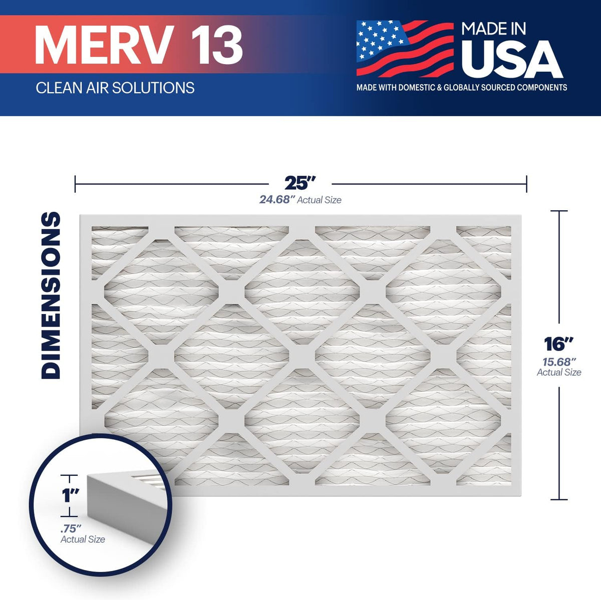 BNX TruFilter 16x25x1 Air Filter MERV 13 (6-Pack) - MADE IN USA - Electrostatic Pleated Air
