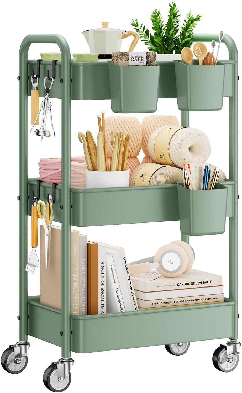 YASONIC 3-Tier Rolling Cart, Green, 66 Pounds Capacity, Mesh Storage Organizer with Lockable