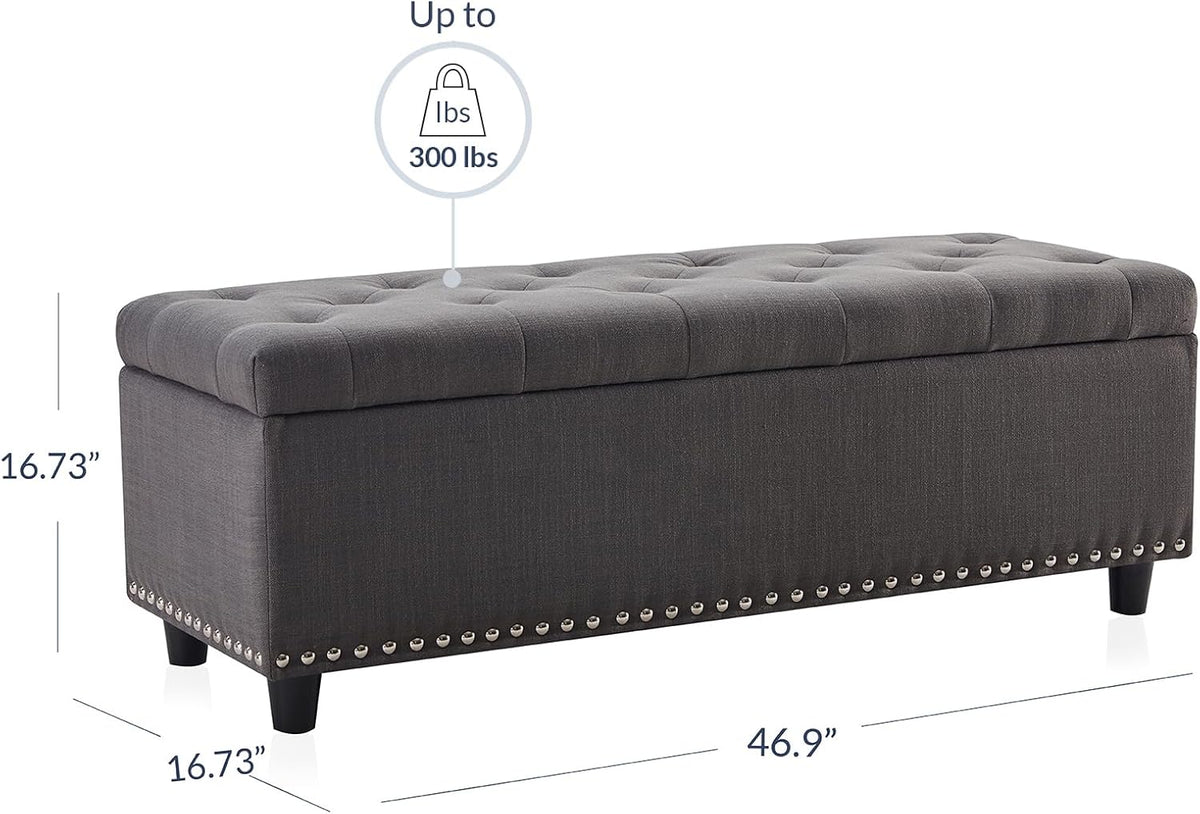 BELLEZE 47" Storage Ottoman, Storage Bench with Safety Close Hinge, Linen Button-Tufted Ottoman for