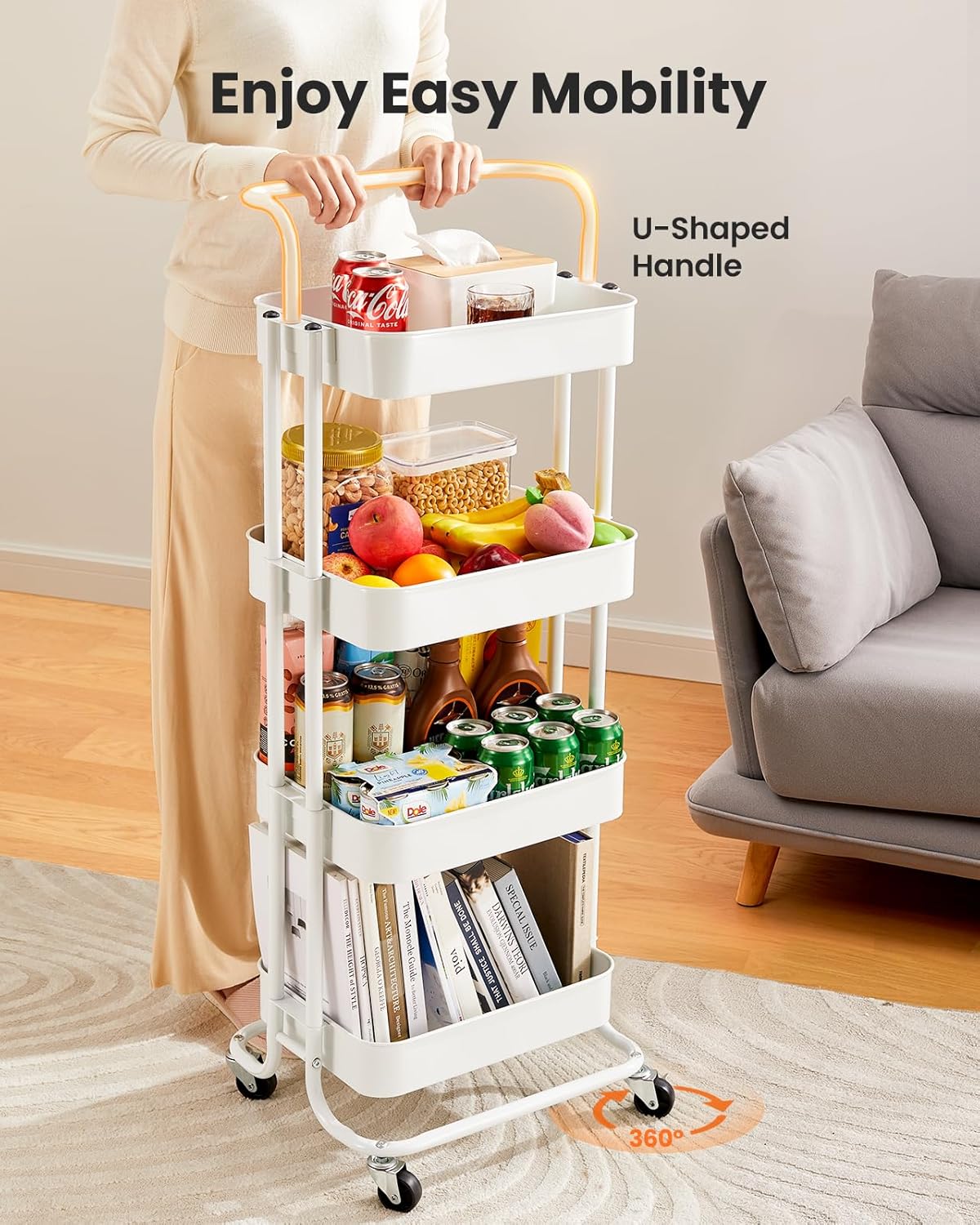 Pipishell 4 Tier Mesh Utility Cart, Rolling Metal Organization Cart with Handle and Lockable
