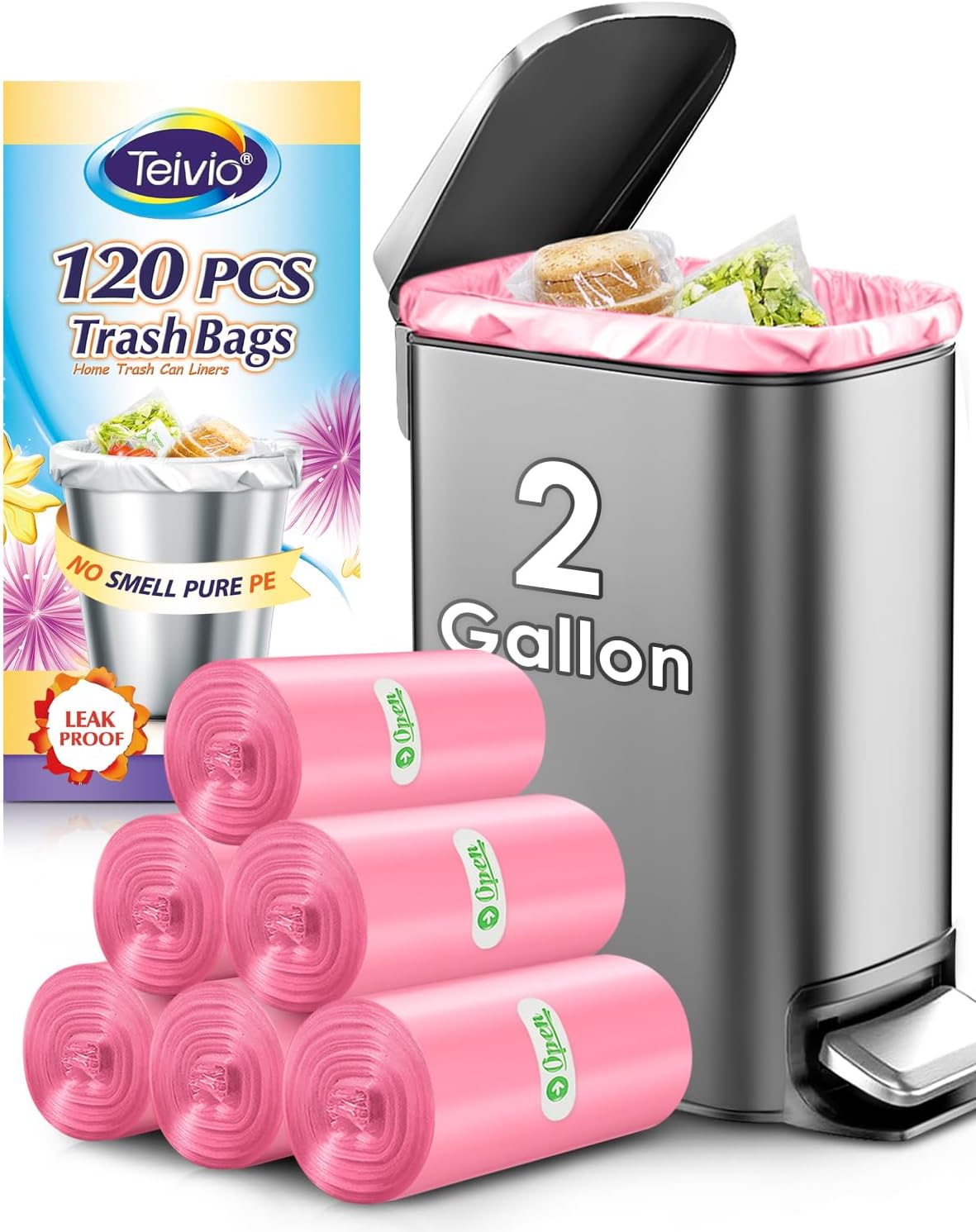 Teivio 2 Gallon 120 Counts Strong Trash Bags Garbage Bags, Bathroom Trash Can Bin Liners, Plastic