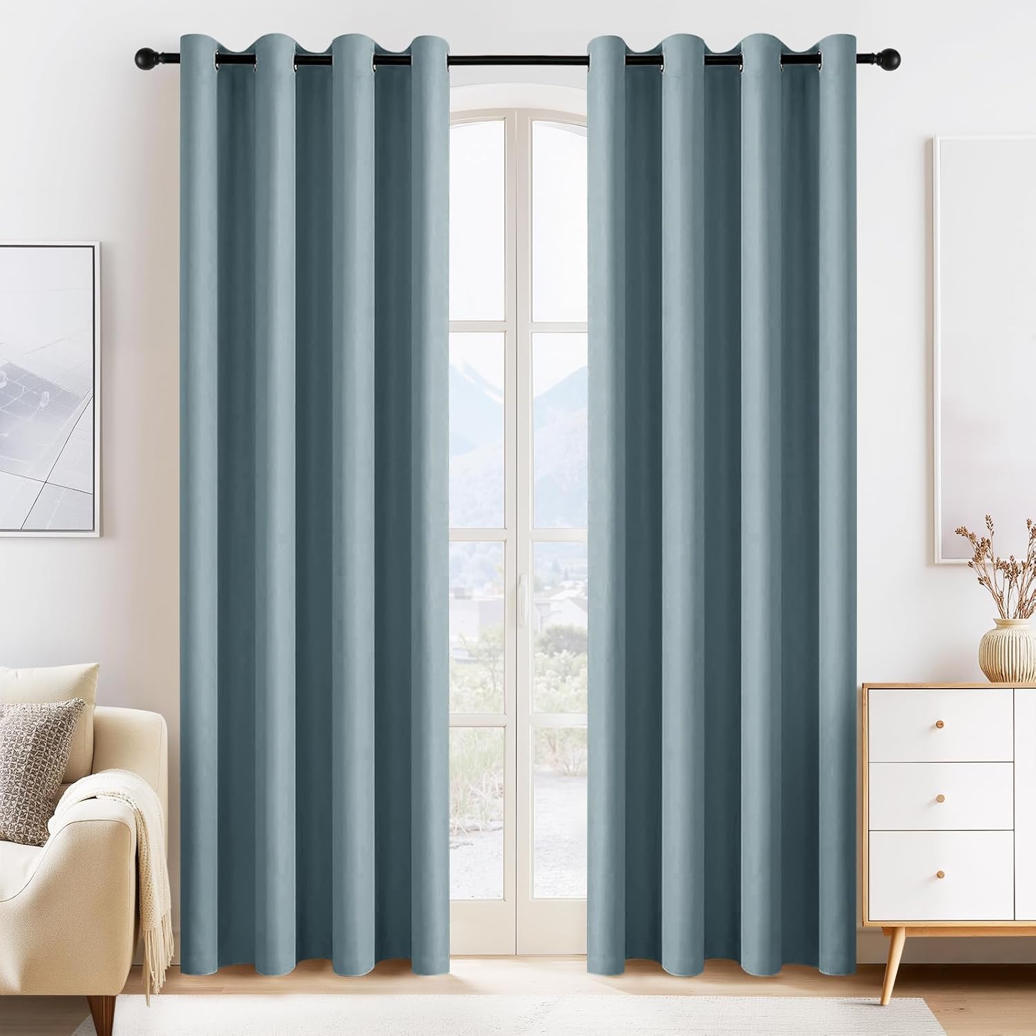 PONY DANCE Dusty Blue Blackout Curtains 80 inch Long 2 Panels Set, Thermal Insulated Solid Grommet