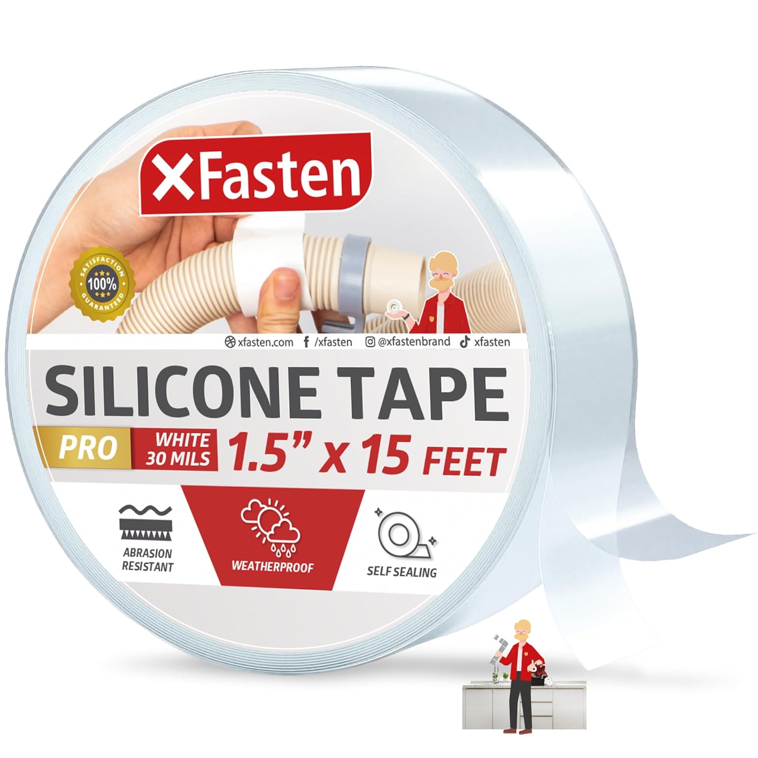 XFasten Self-fusing Silicone Tape Pro, White, 1.5-Inch x 15-Feet, 30mils Heavy-Duty Plumbing Tape