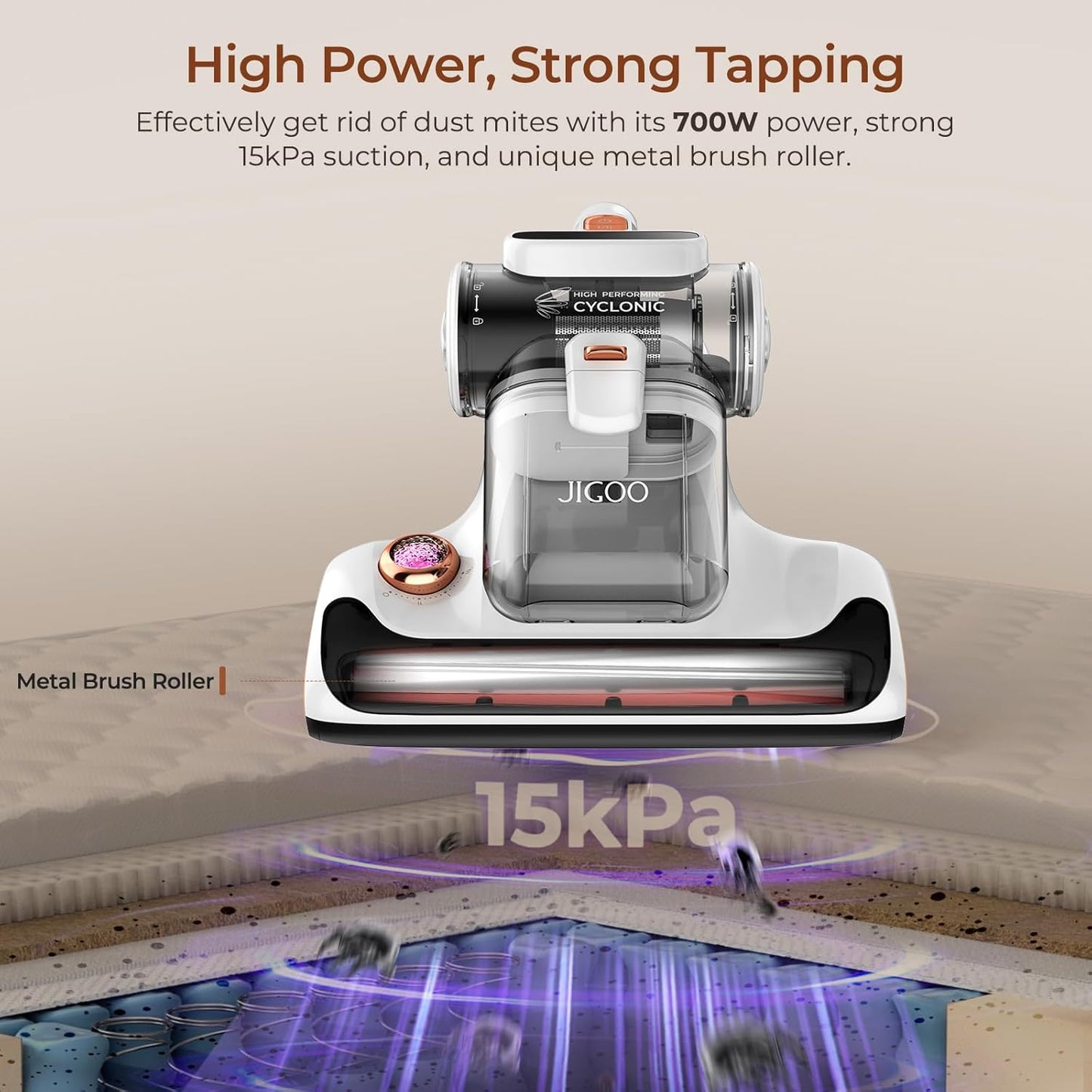 JIGOO T600 Mattress Vacuum Cleaner with UV-C Light, 15Kpa Suction 700W Powerful Double-Cup Handheld