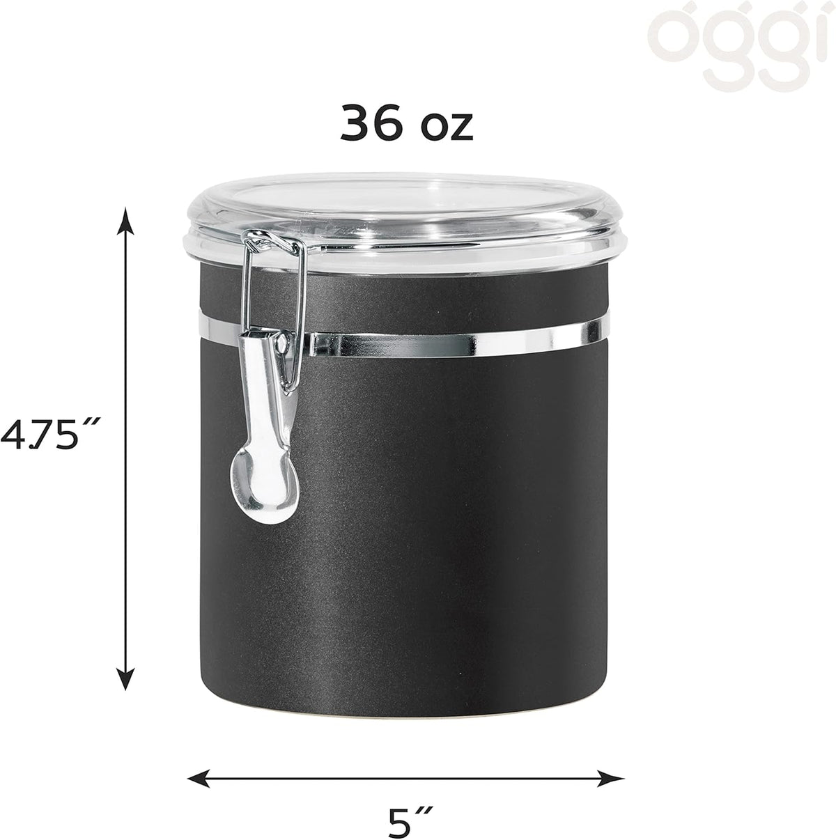 Oggi Stainless Steel Kitchen Canister 36 fl oz, Black - Airtight Clamp Lid, Clear See-Thru Top
