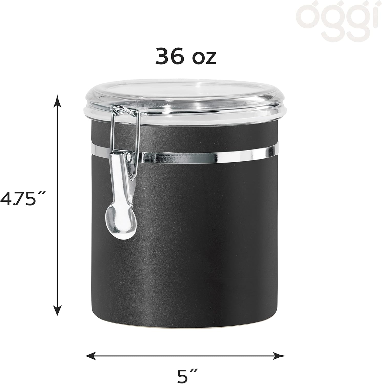 Oggi Stainless Steel Kitchen Canister 36 fl oz, Black - Airtight Clamp Lid, Clear See-Thru Top