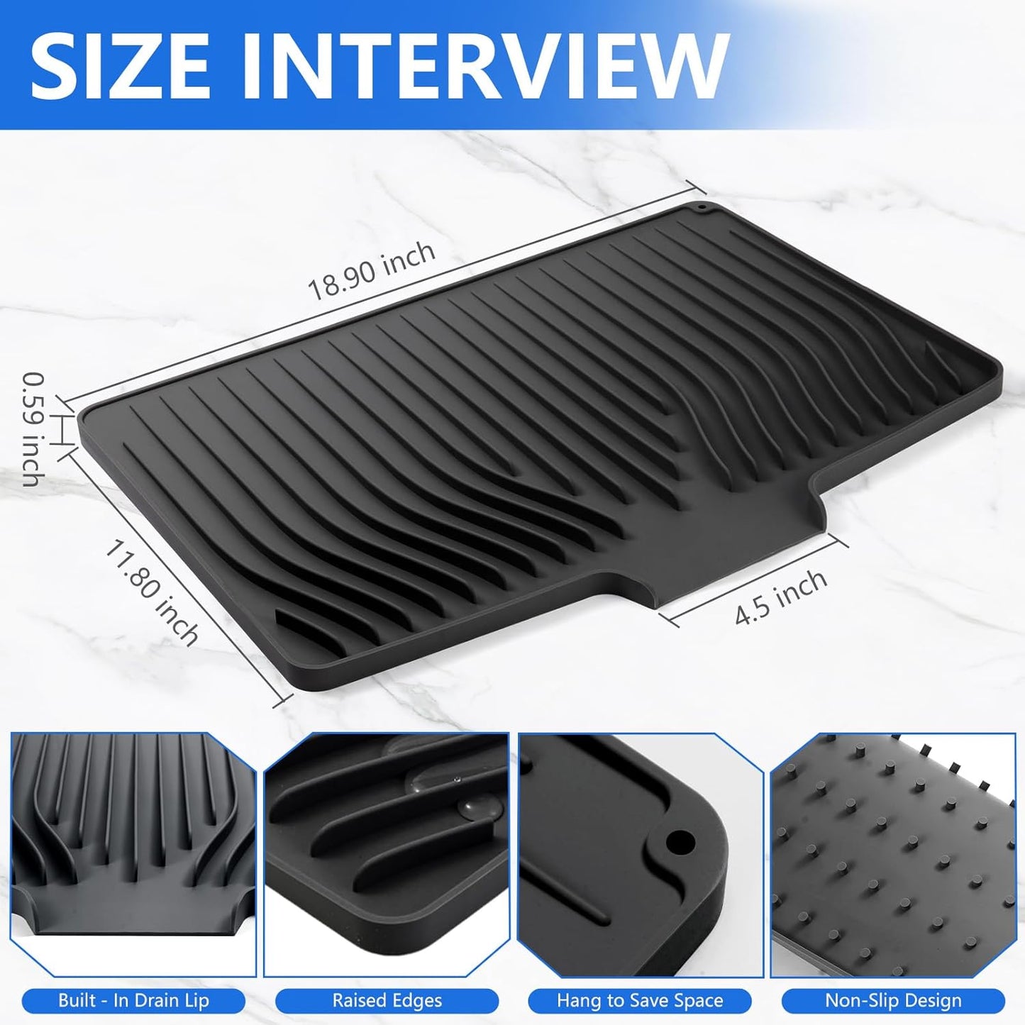 Silicone Dish Drying Mat for Kitchen Counter, Dish Drainer Mat, Non-Slip Drying Pad with Built-in