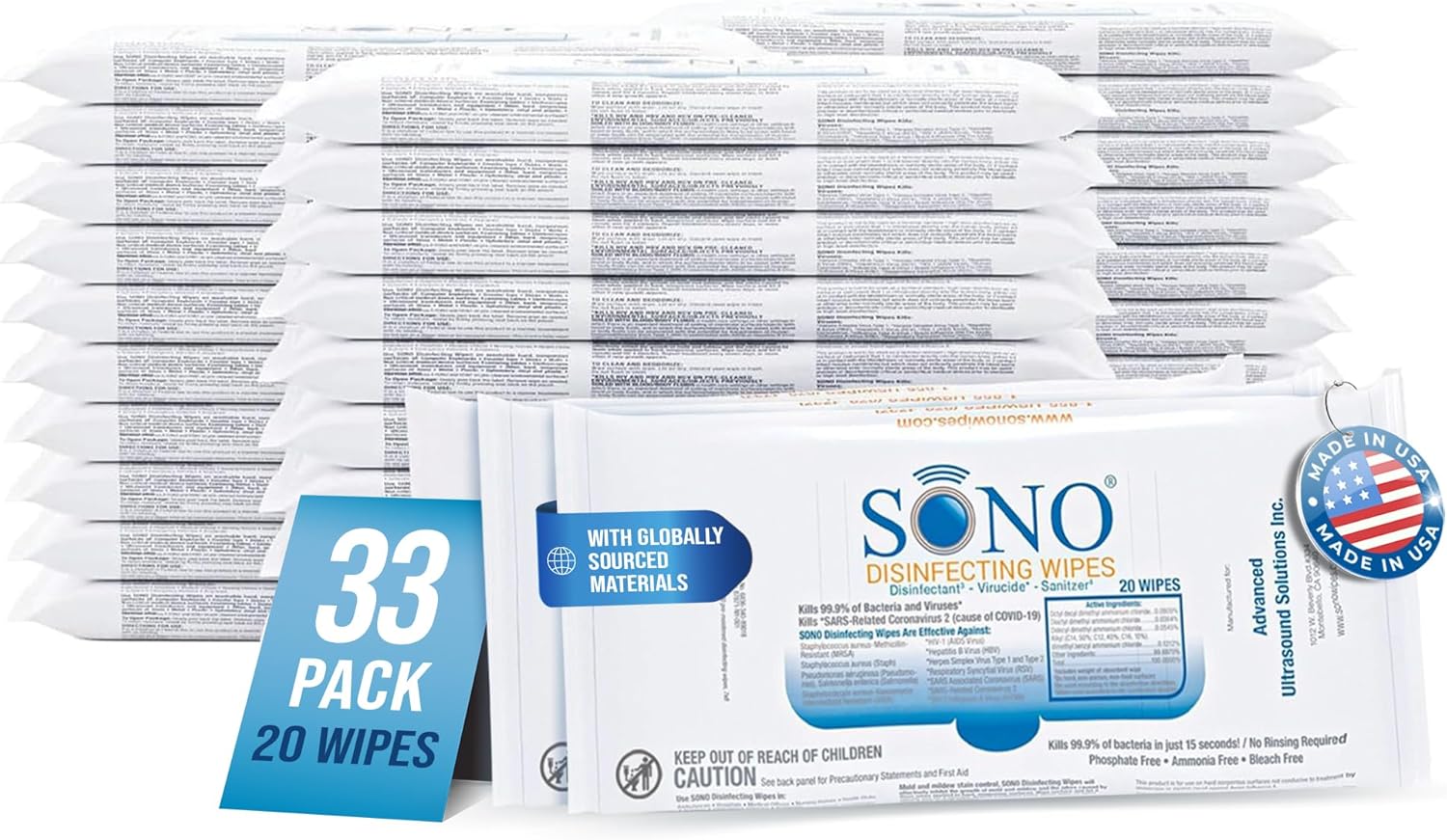 SONO Multi-Surface Cleaning Wipes - 660 Count (Pack of 33) + Sanitizer, Medical-Grade