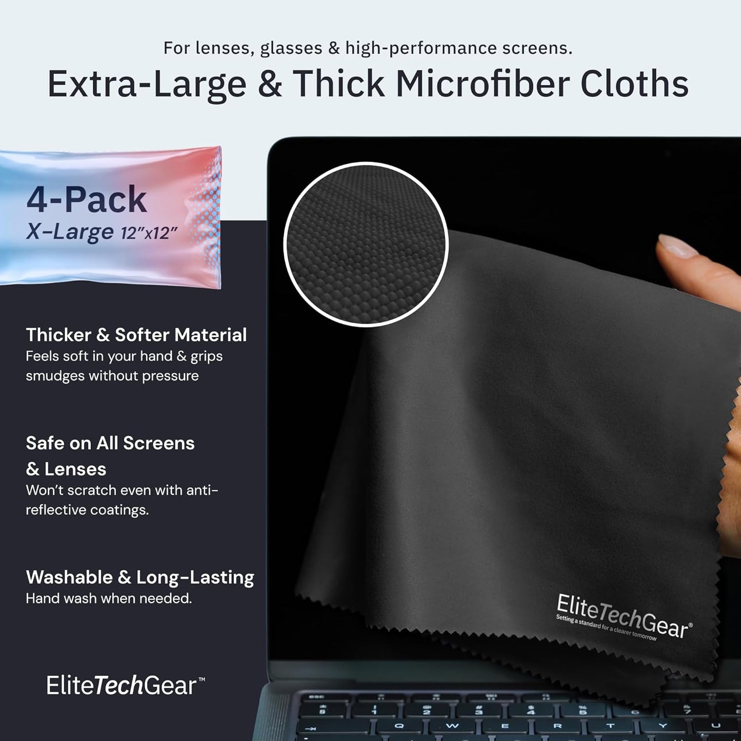 Elite Screens Microfiber Cleaning Cloth for Glasses & Electronics - 12" x 12", Pack of 4, Black
