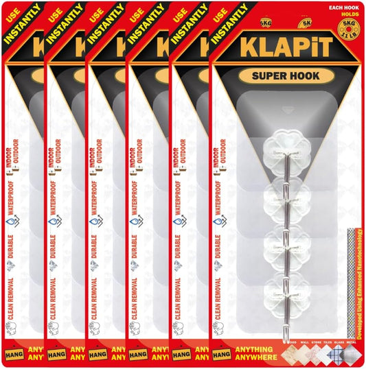 KLAPiT Super Hook - Heavy-Duty Adhesive Wall Hooks, Holds Up to 11 lbs, Waterproof, No Damage, Easy