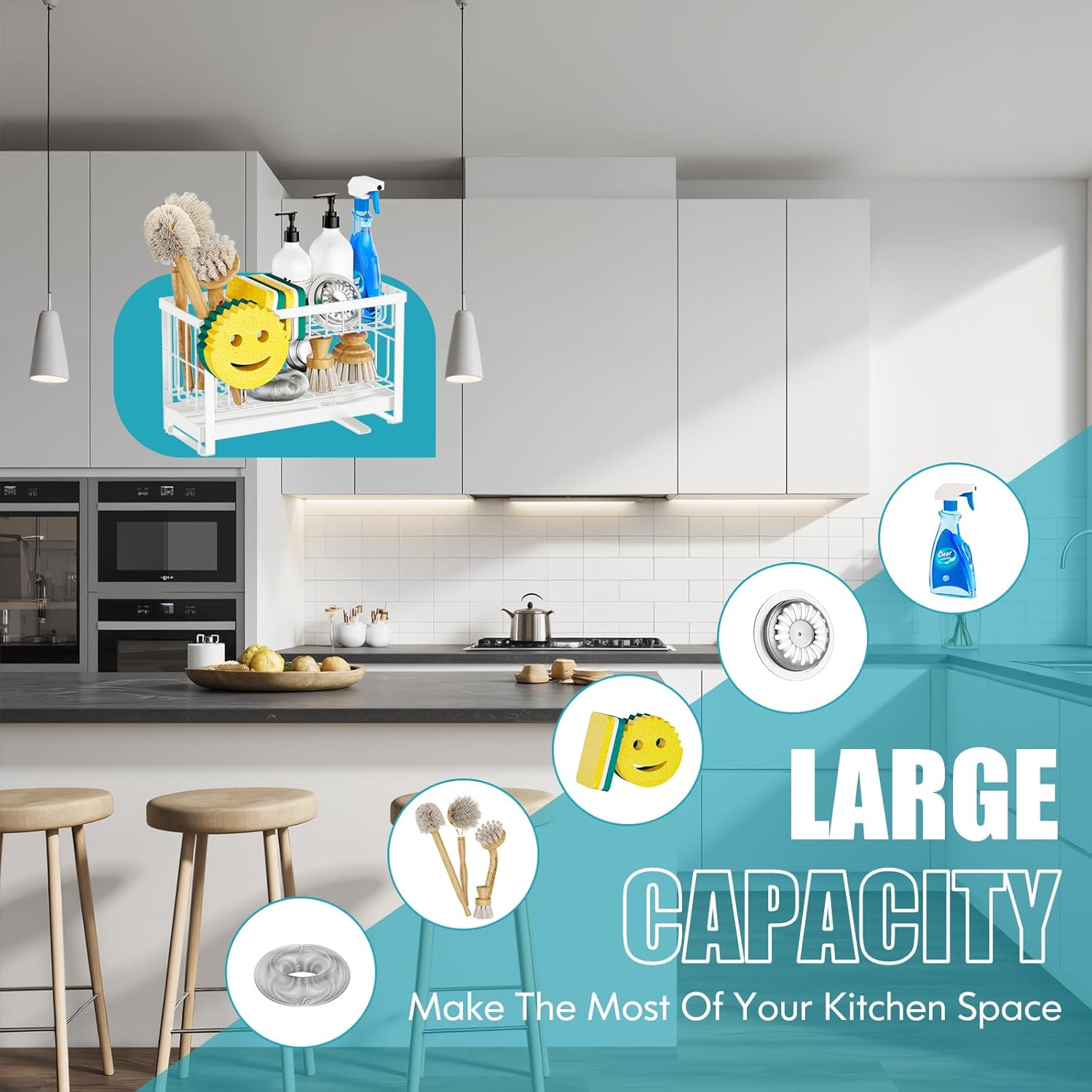 Sponge Holder for Kitchen Sink with Flexible Sink Caddy Smiley Face,2 Tier Kitchen Sponge Holder
