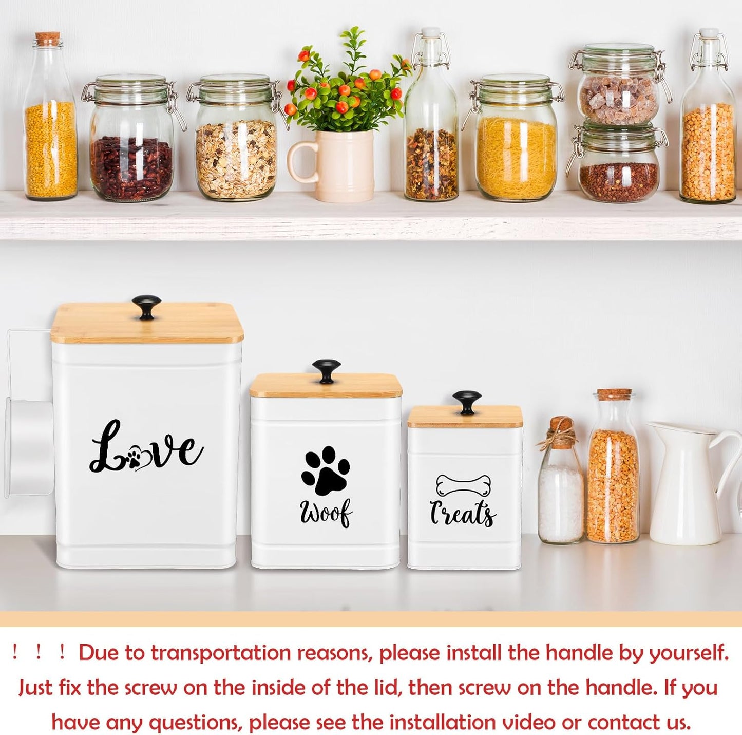 Metal Dog Treat Containers Set of 3 with Bamboo Lids and Spoon Airtight 7+3+2 lbs Dog Food Snack