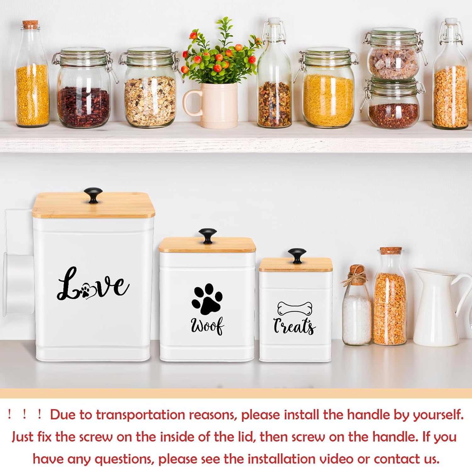 Metal Dog Treat Containers Set of 3 with Bamboo Lids and Spoon Airtight 7+3+2 lbs Dog Food Snack