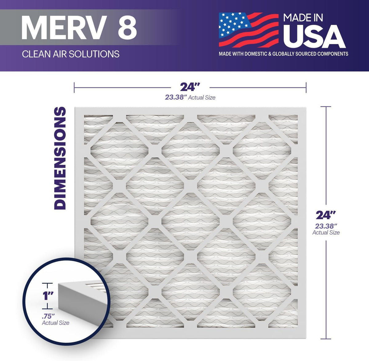 BNX TruFilter 24x24x1 Air Filter MERV 8 (4-Pack) - MADE IN USA – Air Conditioner HVAC AC Furnace