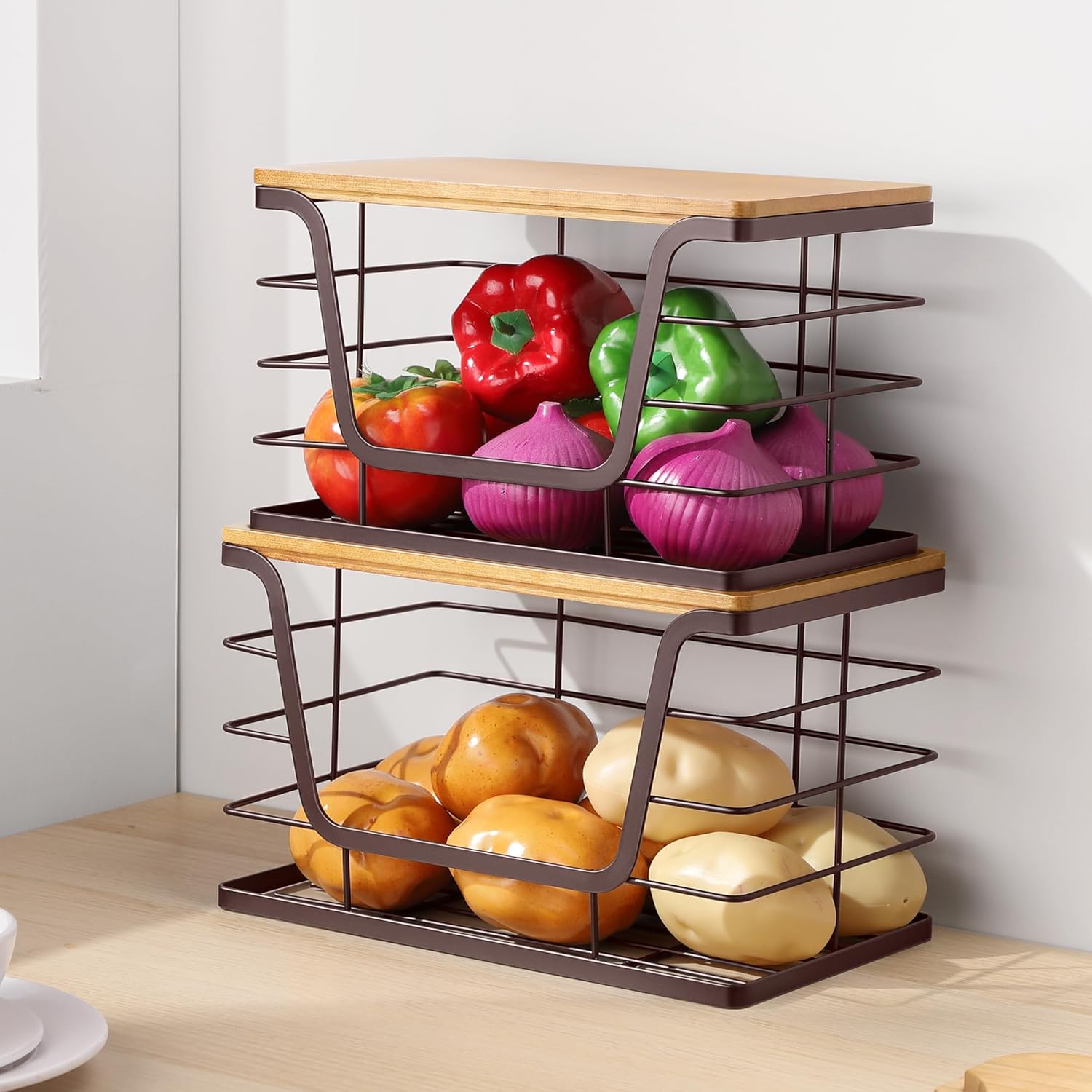ALOCEO 2 Pack Large Pantry Baskets with Bamboo Lip, Stainless Steel Garbage Bag Holder Dispenser