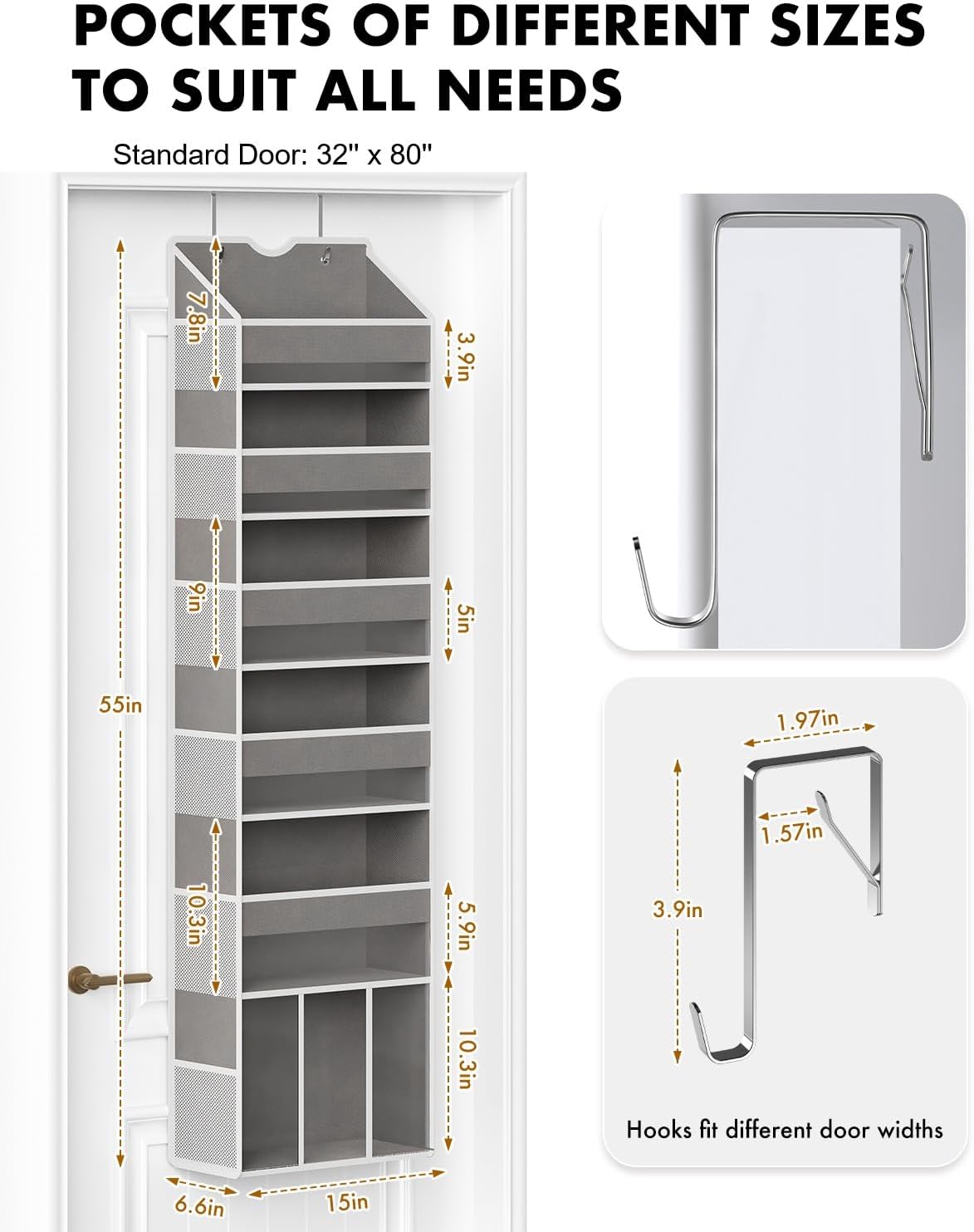 Over The Door Organizer Hanging - 6 Shelf Over Door Organizers with 6 Clear Front & 12 Side Pockets