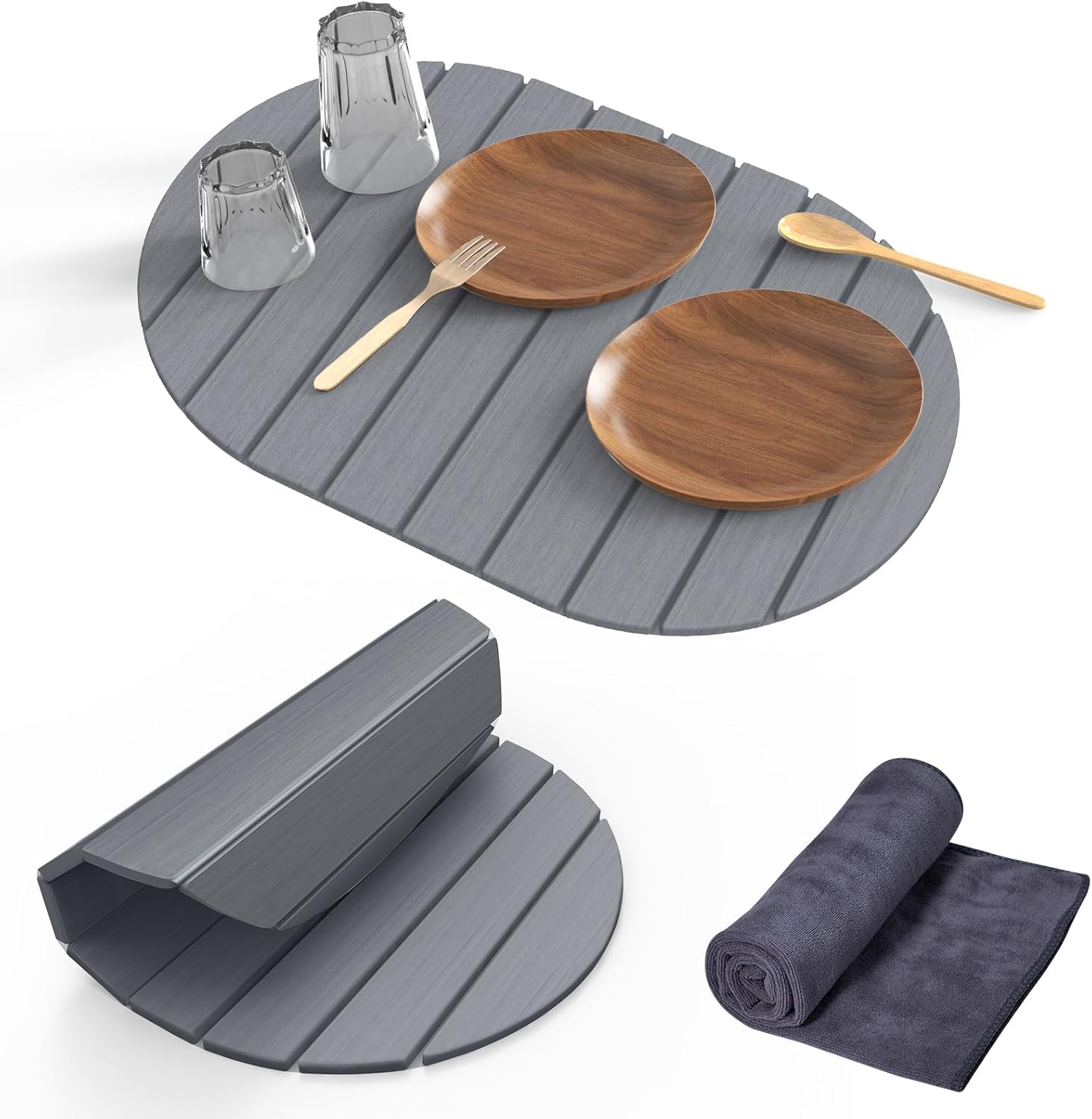 Stone Dish Drying Mat for Kitchen Counter,24"(L)×16"(W) Collapsible Fast-Drying Diatomaceous Earth