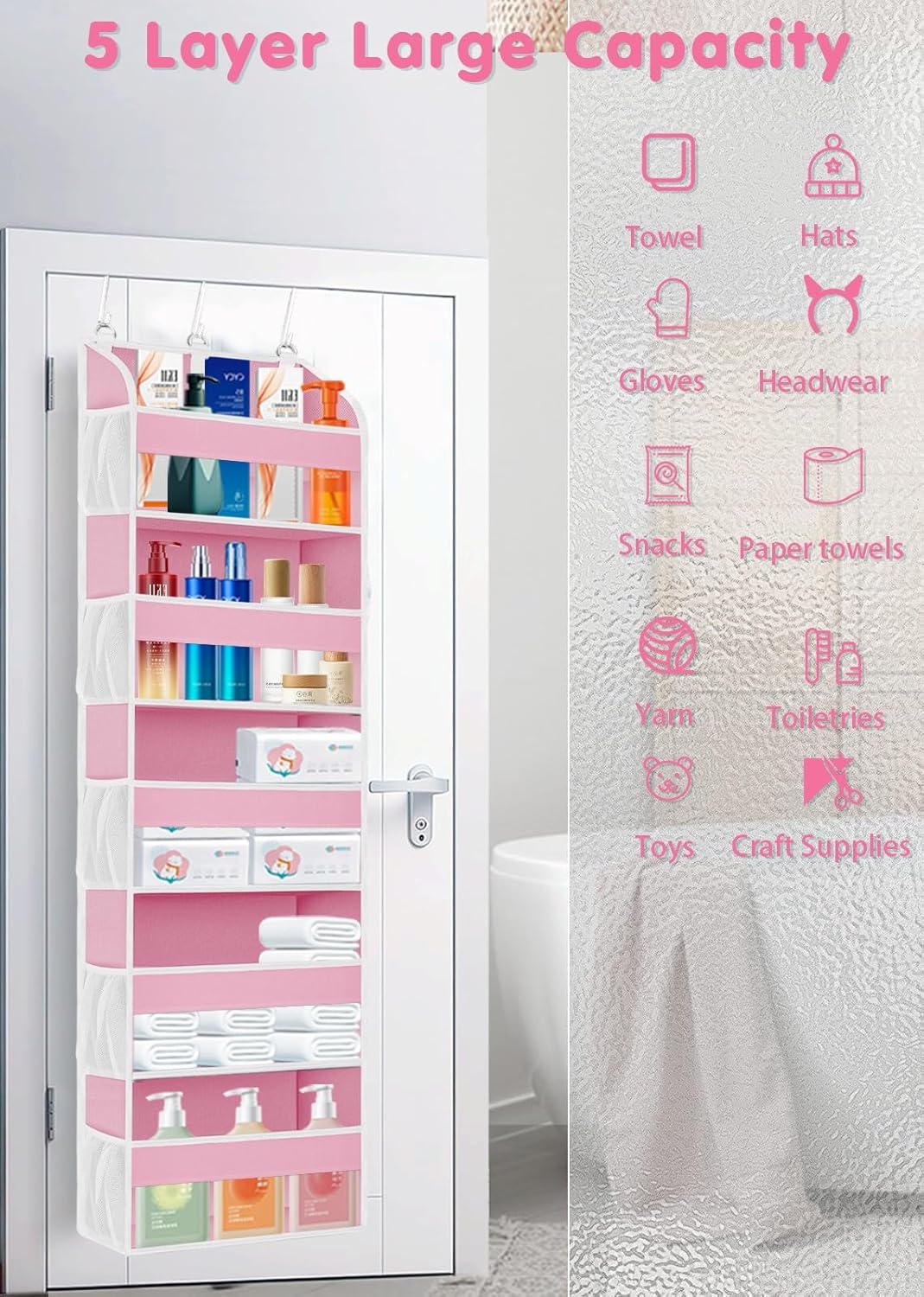 2 Pack Over The Door Storage Organizer with 5 Pockets 10 Mesh Pockets, 44 lbs Weight Capacity Door