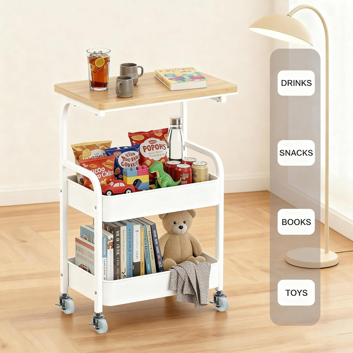 Rolling Cart with Wooden Tabletop 3-Tier Metal Utility Rolling Cart Storage Organizer with Lockable