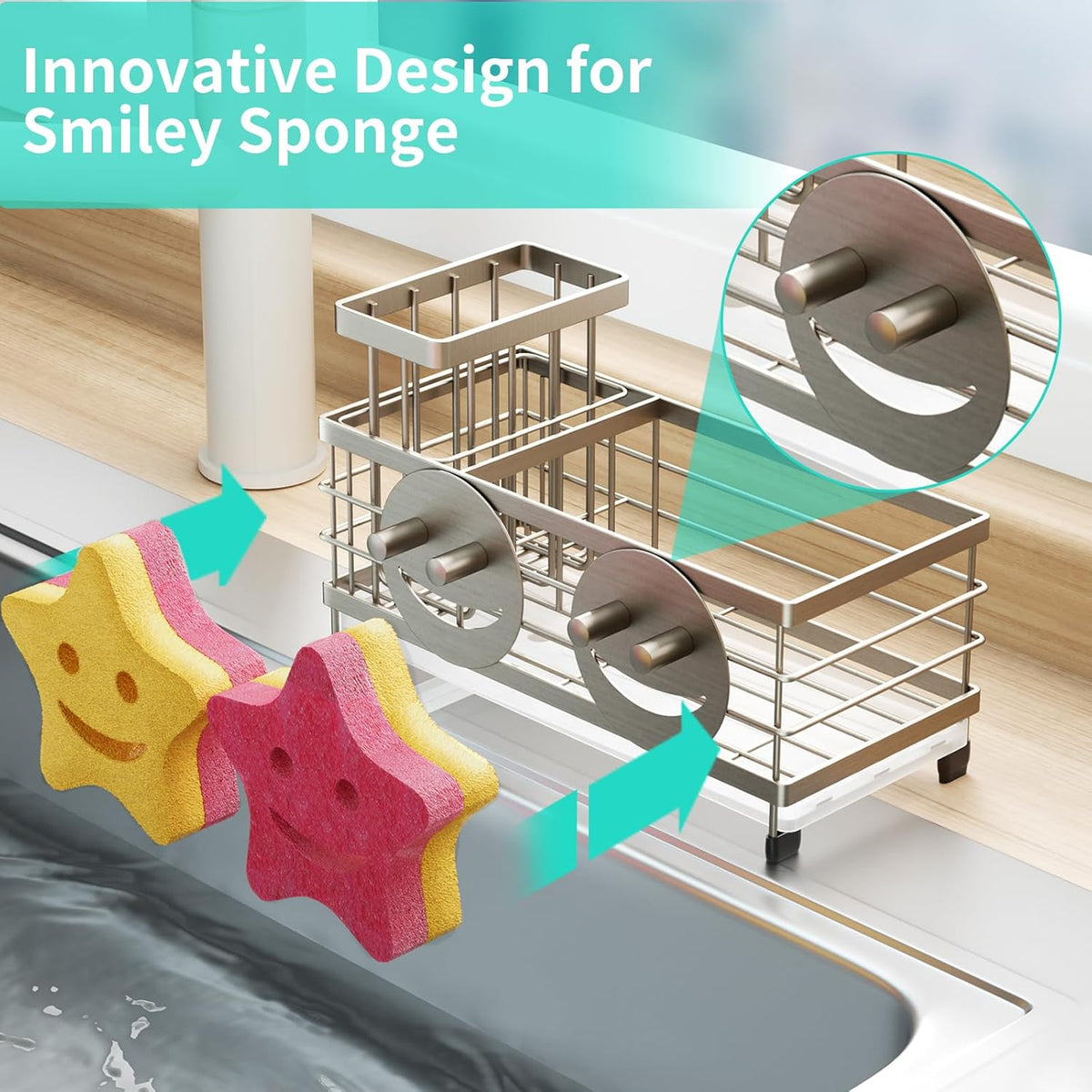 HapiRm Sink Caddy Sponge Holder - Self-draining Kitchen Sink Organizer with Smiley Face and Brush