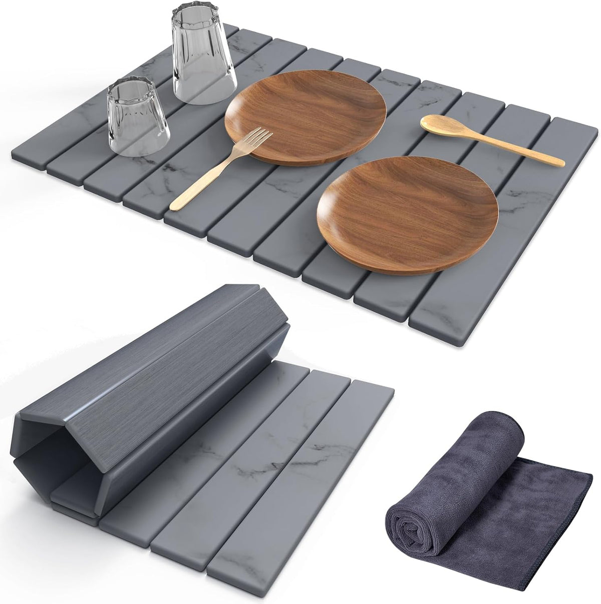 Stone Dish Drying Mat for Kitchen Counter,24"(L)×16"(W) Collapsible Fast-Drying Diatomaceous Earth