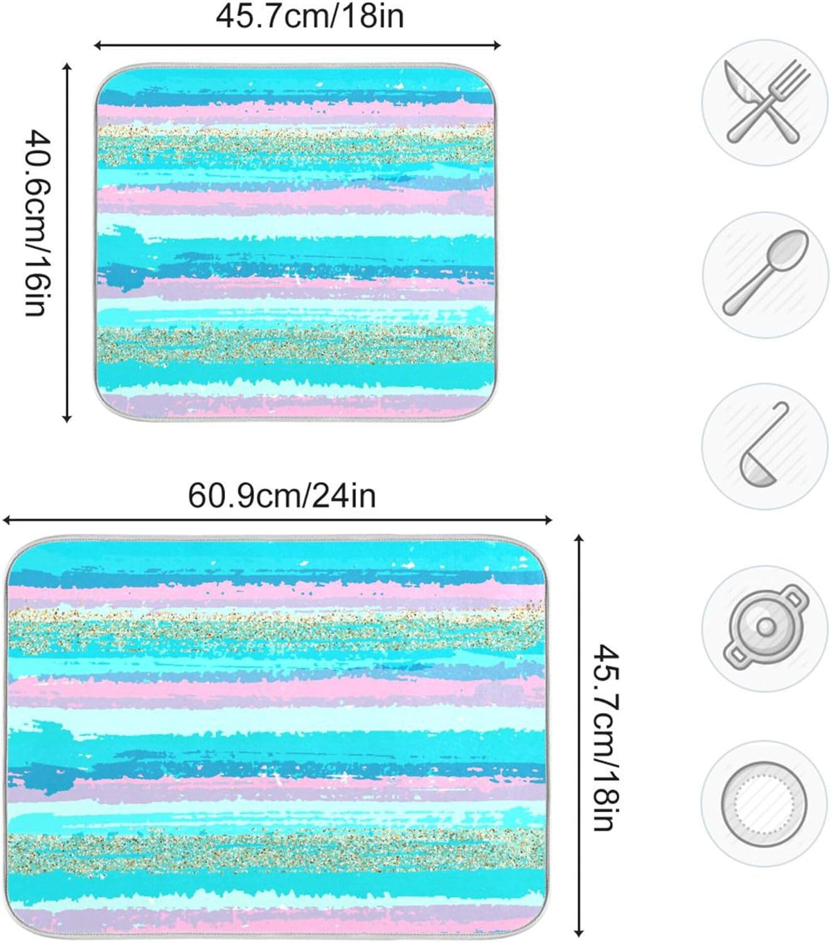 Turquoise Stripe Dish Drying Mat for Kitchen Countertop 18x24 Rectangle Teal Aqua Large Drying Mat