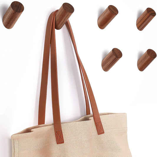 6 Pack Wood Hooks, Natural Coat Hooks Wall Mounted - Rustic Heavy Duty Wall Hooks for Hanging