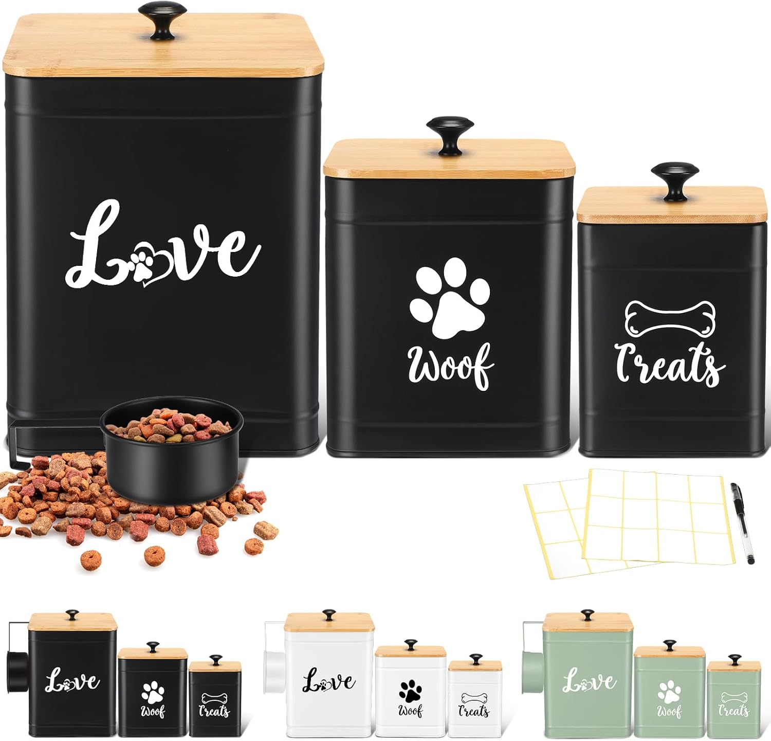Metal Dog Treat Containers Set of 3 with Bamboo Lids and Spoon Airtight 7+3+2 lbs Dog Food Snack