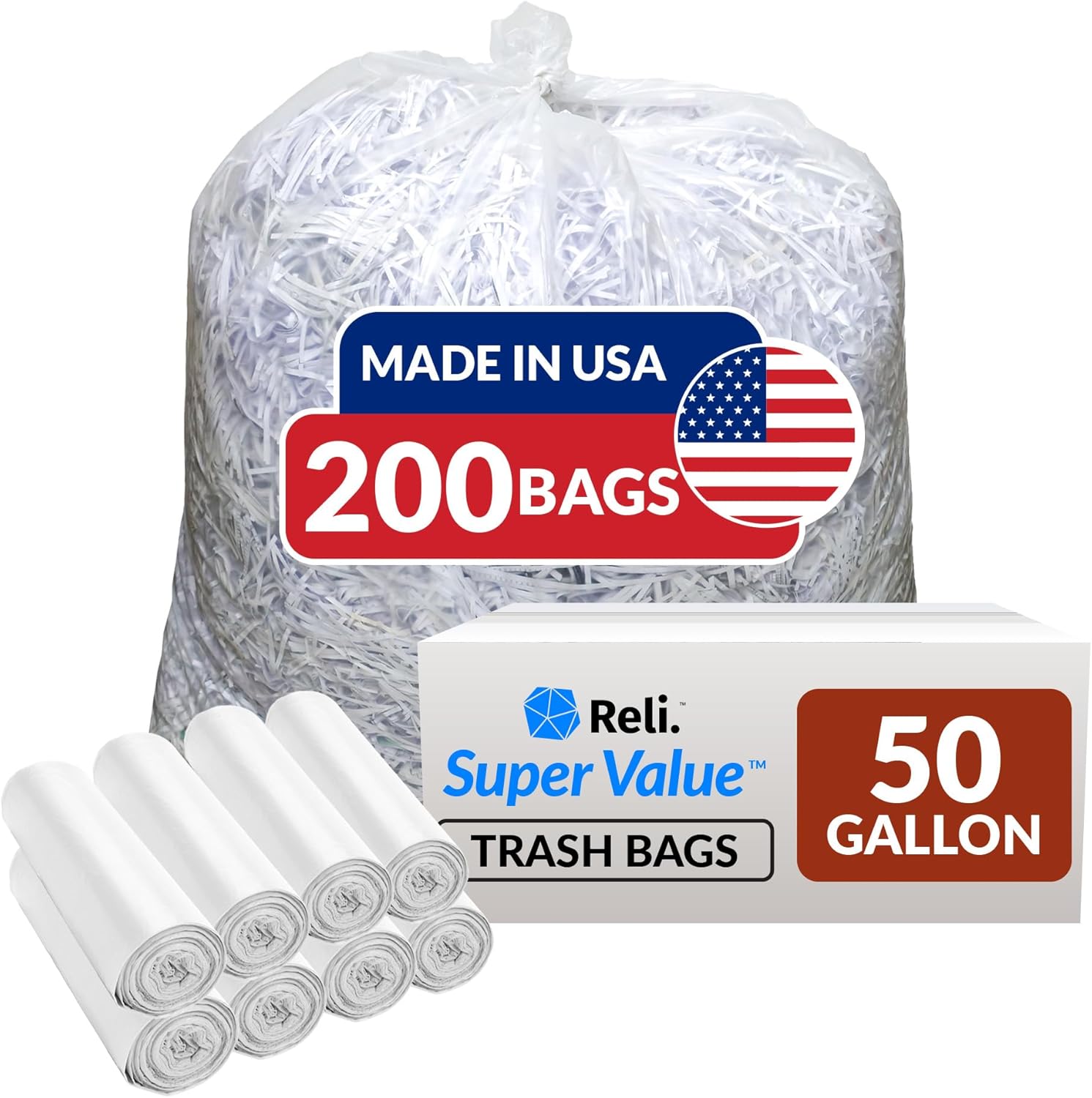 Reli. Premium 50 Gallon Trash Bags | 200 Count | Made in USA | Heavy Duty | Bulk | SuperValue |