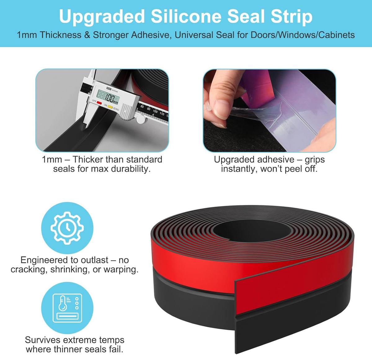 Heavy-Duty 20 ft x 1 in Weather Stripping, Door Draft Stopper Silicone Seal Strip for House and