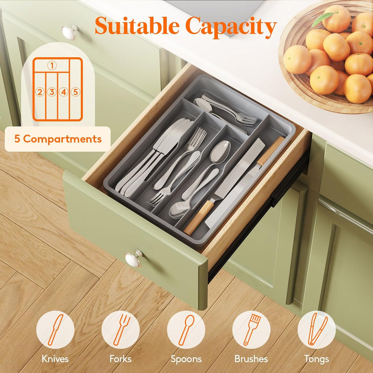 Lifewit Silverware Tray, Deep Wide Cutlery Drawer Organizer Storage for Kitchen, Plastic Flatware