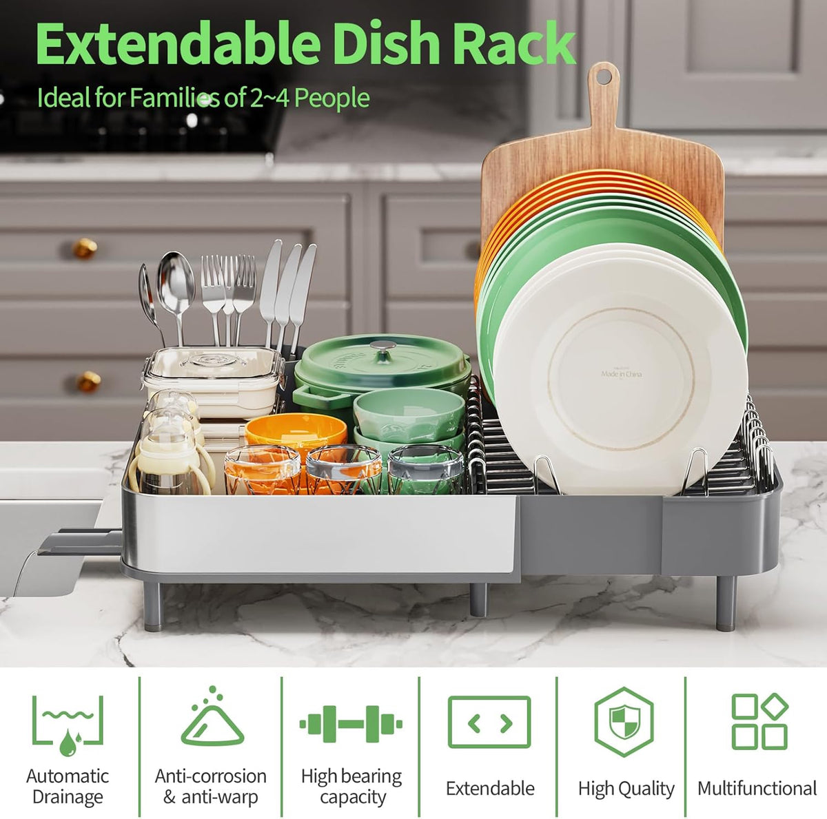 Expandable Dish Drying Rack,Foldable 304 Stainless Steel Dish Rack with Dual Parts, Extendable Dish