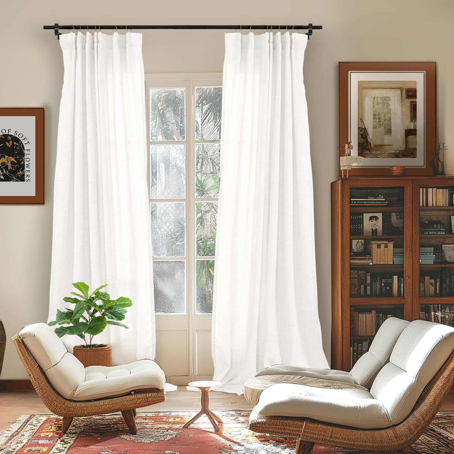 YoungsTex White Linen Semi Sheer Curtains for Living Room 84 Inch Length 2 Panels - Light Filtering