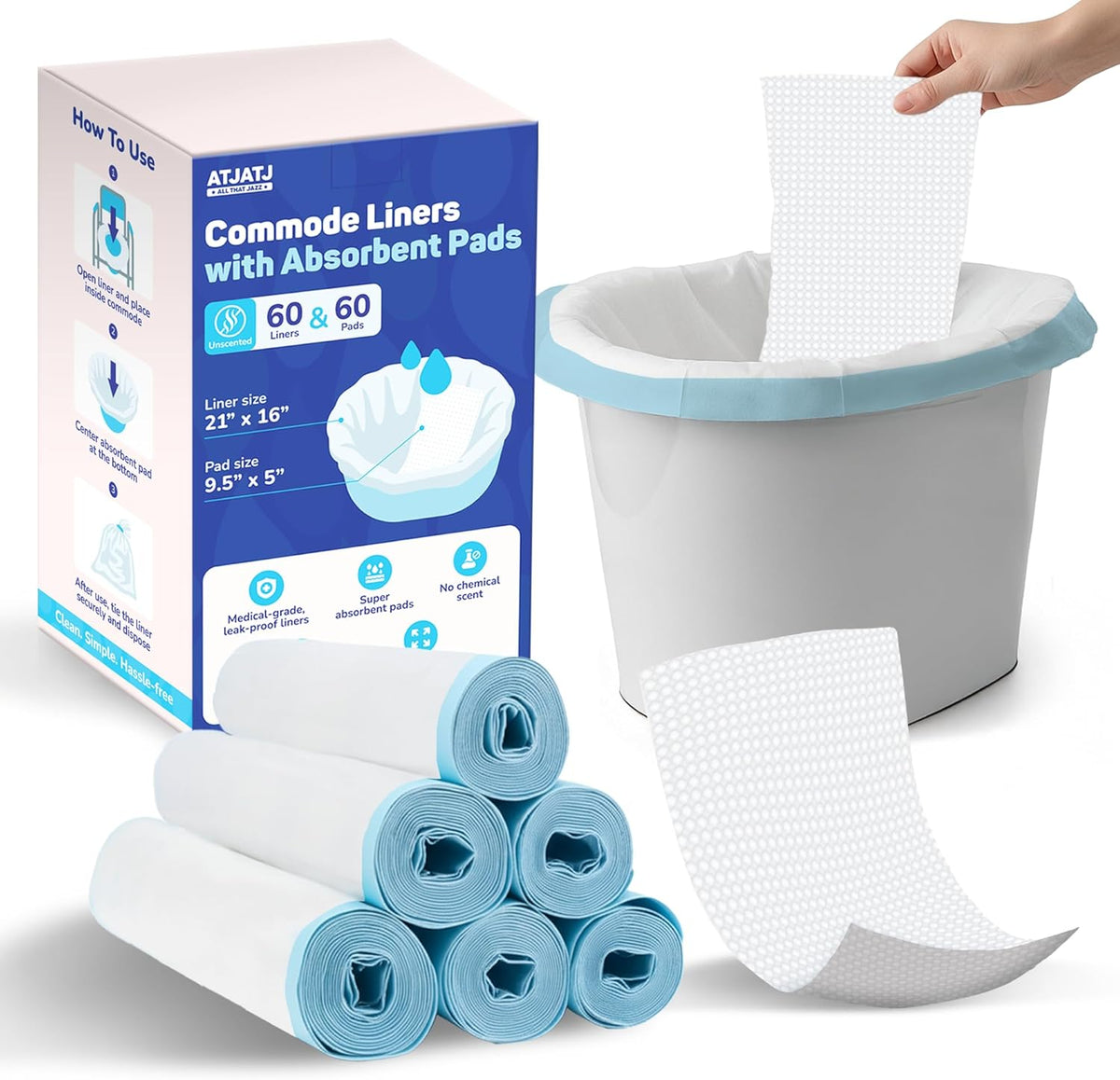 60 Packs Commode Liners With 60 Absorbent Pads, Leak-Proof Disposable Toilet Bags for Adults, Fits