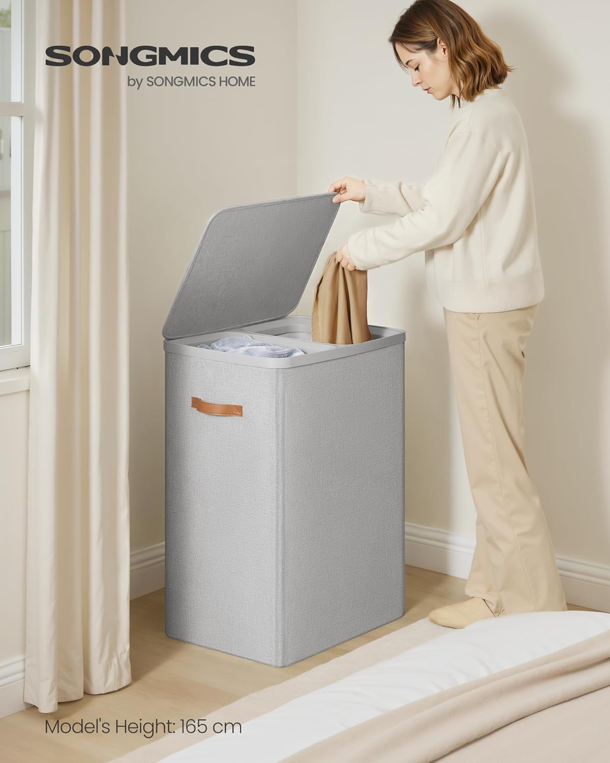 SONGMICS Laundry Basket, 44.9 Gal. Laundry Hamper, 2 Compartments, Easy Assembly, with Lid and