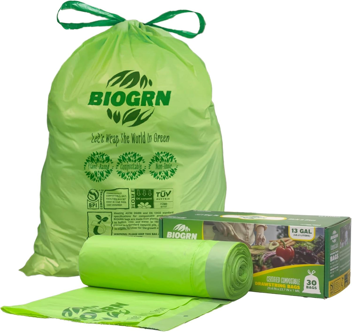 10-13 Gallon Compostable Trash Bags Drawstring 30 Bags Heavy Duty Extra Thick 1 Mil 49.21 Liter