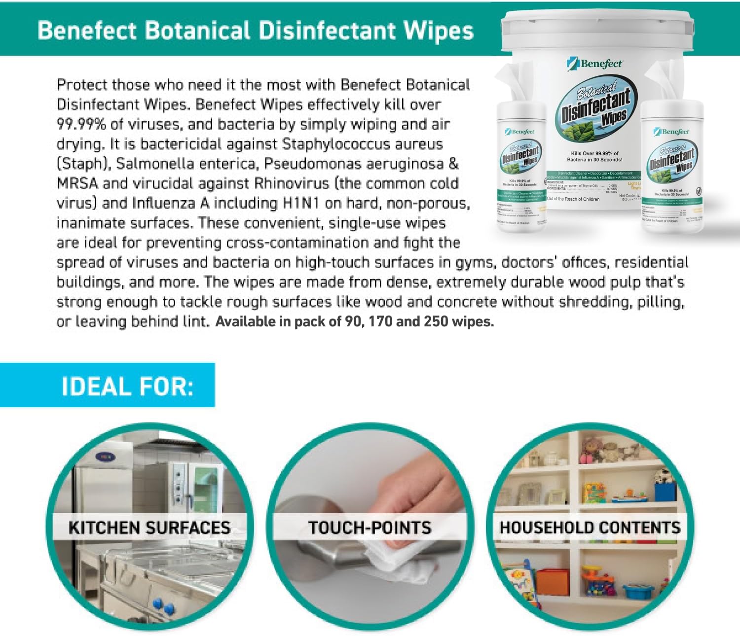 Benefect Botanical Disinfectant Wipes – 1,500 Sanitizing Wipes. 6 Pack of 250 Wipes Per Unit - High