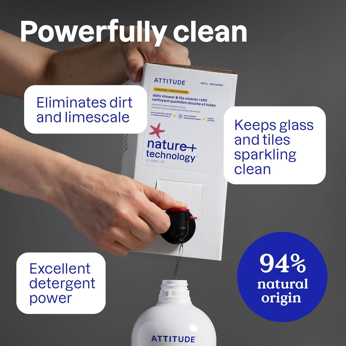 ATTITUDE Shower & Tile Cleaner, EWG Verified, Plant-Based & Vegan Bathroom Spray, Removes Soap Scum