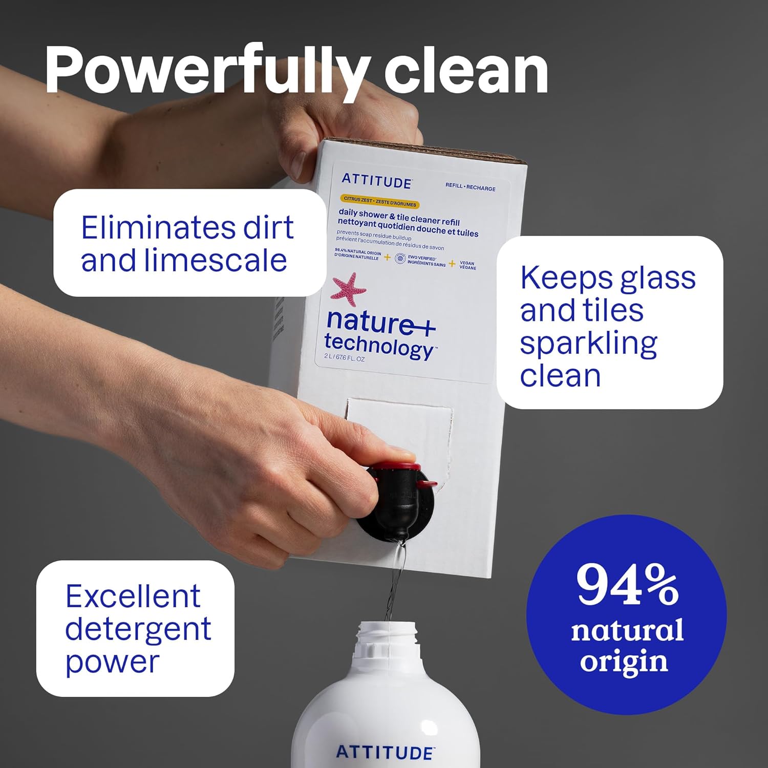 ATTITUDE Shower & Tile Cleaner, EWG Verified, Plant-Based & Vegan Bathroom Spray, Removes Soap Scum