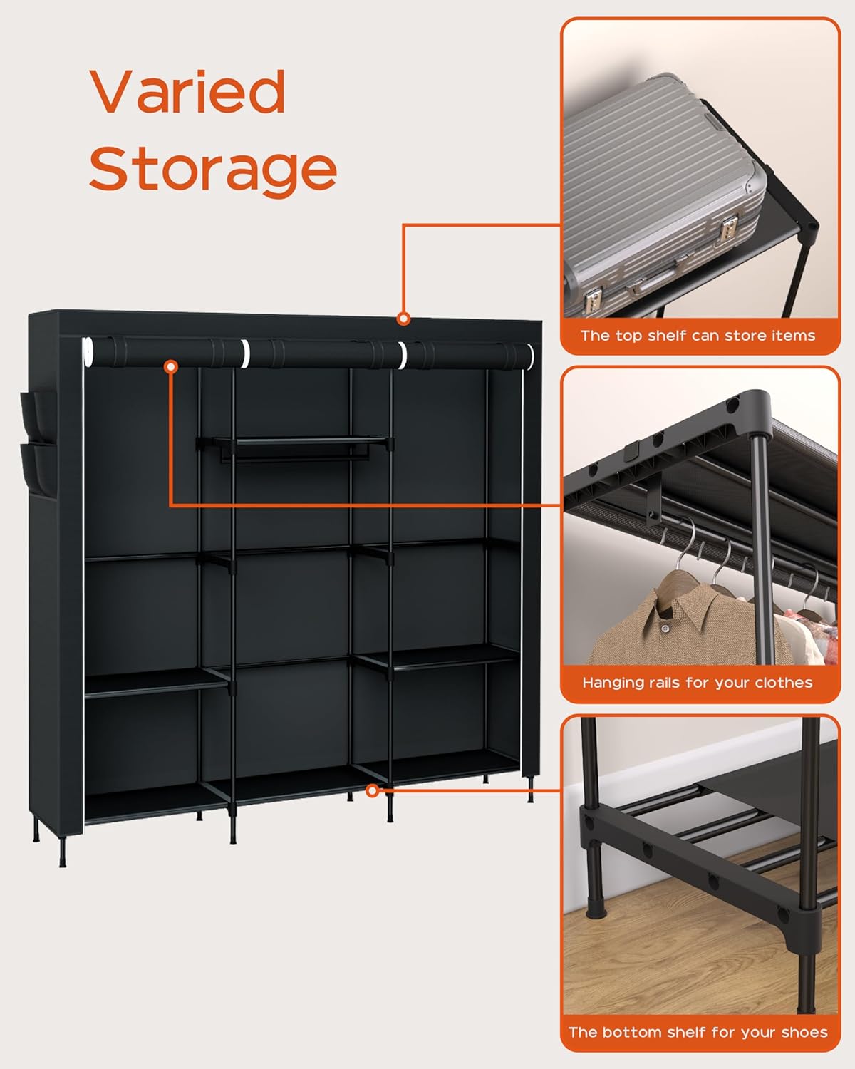 Portable Closet, 81.1 Inch Extra Large Capacity Wardrobe Closet with Cover, Clothes Storage
