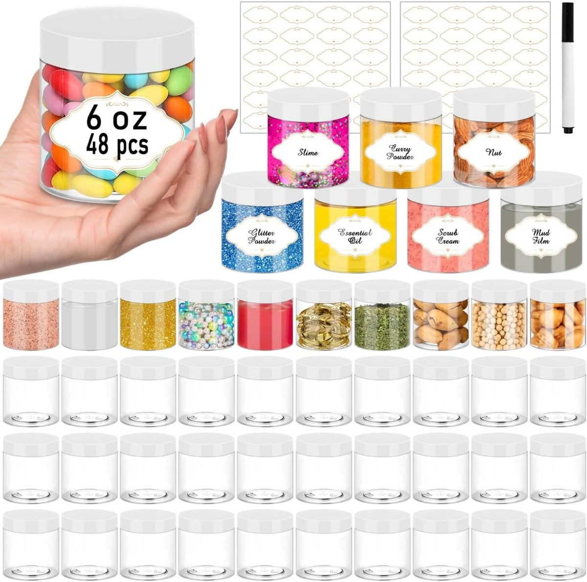 Plastic Jars 6 OZ, 48 Pcs Plastic Jars with Lids Round Wide Mouth Slime Containers with White Lids