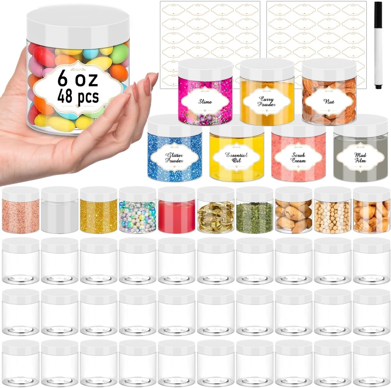 Plastic Jars 6 OZ, 48 Pcs Plastic Jars with Lids Round Wide Mouth Slime Containers with White Lids