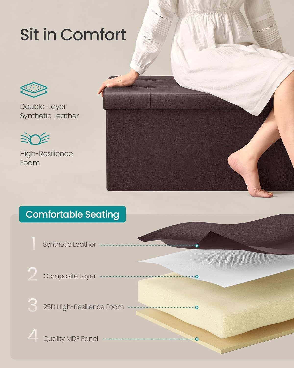 SONGMICS MAZIE Collection - 30 Inches Folding Storage Ottoman Bench, Ottoman with Storage, Foot
