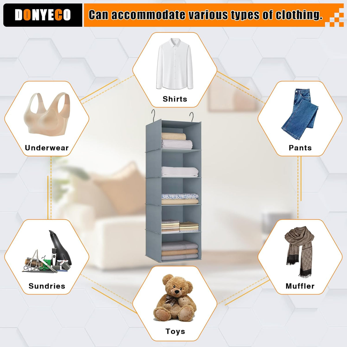 Hanging Closet Organizer 5-Shelf, Easy Mount Foldable Wardrobe Storage Shelves, Clothes Handbag